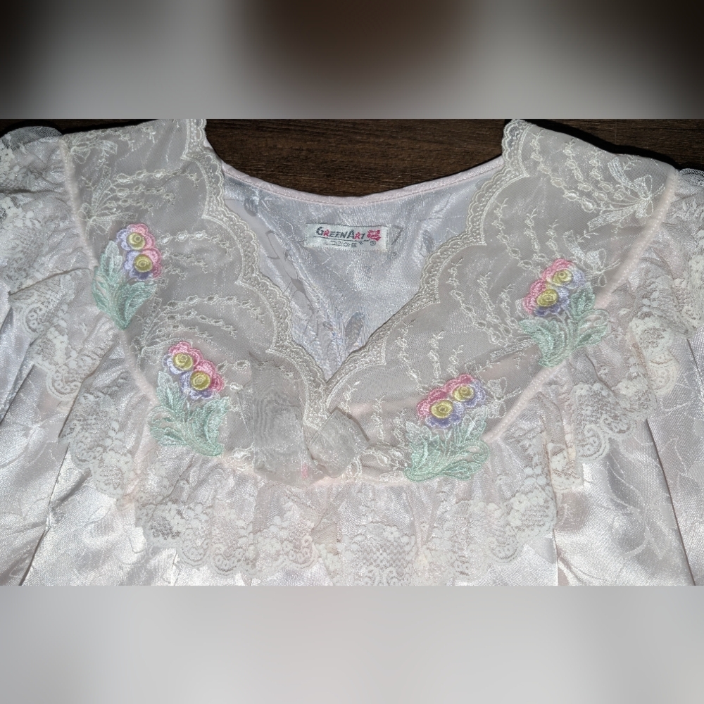 Vtg Green Art Pale Pink Nightgown Lace Trim Floral Embroidery Large Long Sleeve